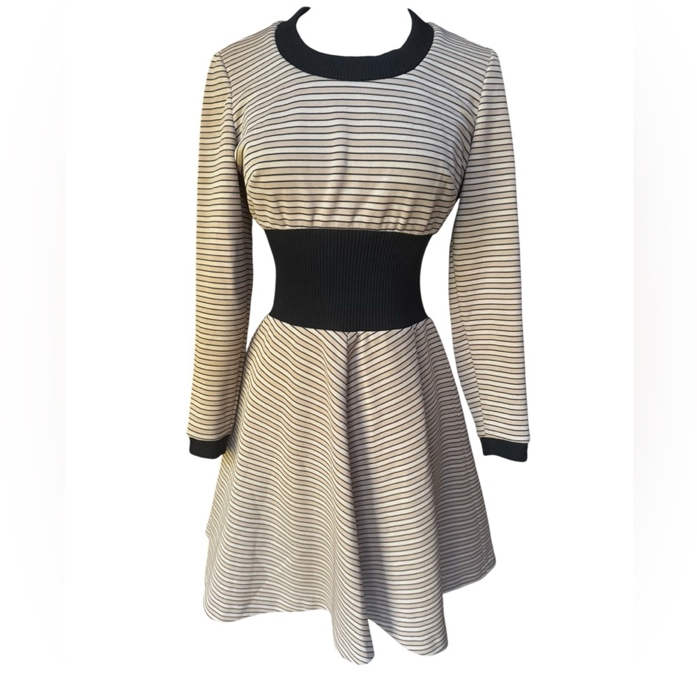 Late 1970s Lempl Poly Knit Ribbed Waist Striped Flared Skirt Dress
